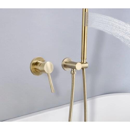 Brass Round Handheld Shower Head Brushed Gold Finish Shower Set Adjustable Wall Holder Handheld Water Saving Bath Shower Kit