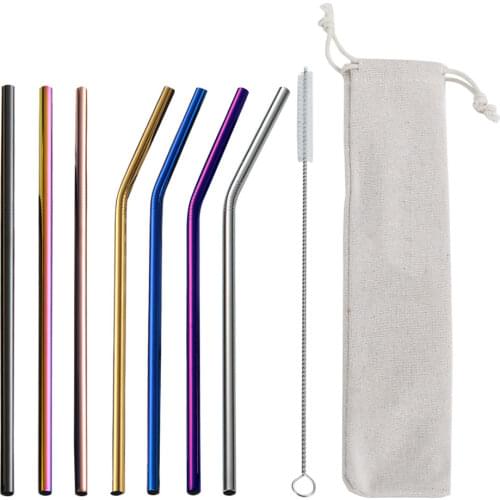 Reusable Metal Drinking Straws 304 Stainless Steel Sturdy Bent Straight Drinks Straw with Cleaner Brush and Box Set Party Bar