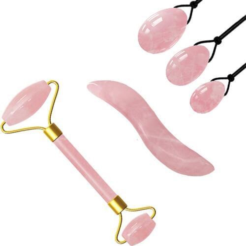 Rose Quartz Jade Roller S-shaped GuaSha Board Yoni Egg Jade Eggs Set Face Massage Crystal Stone Jade Massager Skin Face Roller