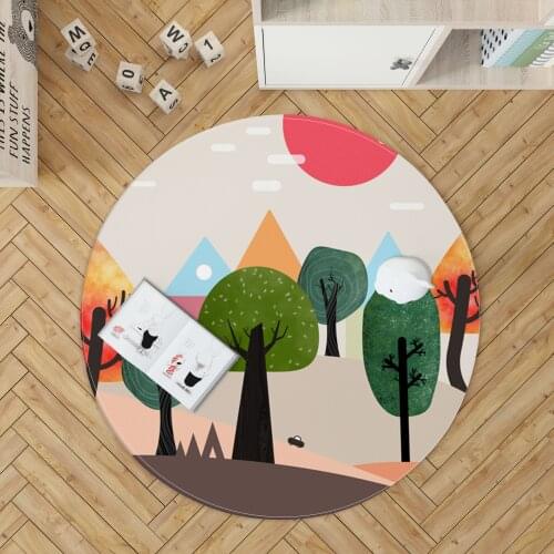 Modern Cartoon Round Mat Tree Forest Brief Strokes Area Rugs Home Living Room Bed Bath Decor Dormitory Carpet Flowers