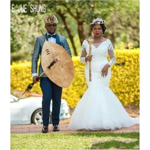 E JUE SHUNG African Mermaid Wedding Dresses Scoop Neck Long Sleeves Lace Up Back Appliqued Wedding Bridal Gown Vestidos De Novia