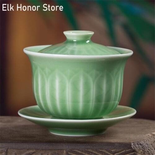 150ml Green Glaze Kiln Change Gaiwan Vintage Ceramic Kung Fu Tea Bowls Master Cup Pu'er Tea Tureen Tea Cup Teapots Bowl with Lid