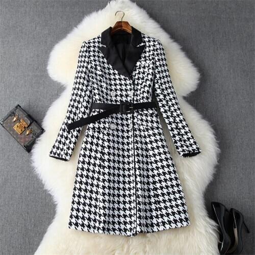 Women Runway Fashion Turn Down Collar Houndstooth Vintage Casual Long Overcoat Outerwear 2019 Winter Woolen Jackets and Coats
