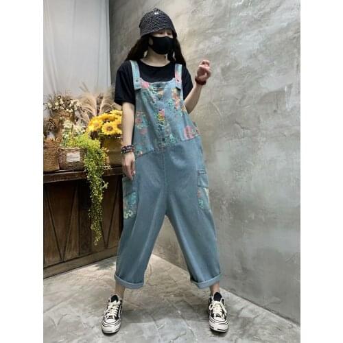 2021Denim Jumpsuits Women Casual Print Loose Pockets Washed Vintage Bleached Female Wild Full-Length Bodysuit