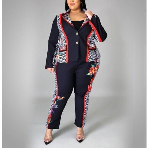 4xl 5xl Plus Size Women Large Blazer Sets Floral Print Patchwork Coat & Pants Elegant Work Business Office 2 Pieces Matching Set