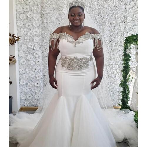 2020 African Beaded Crystals Mermaid Wedding Dresses Plus Size Black Girl Women Off Shoulder Satin Wedding Gowns Custom Size