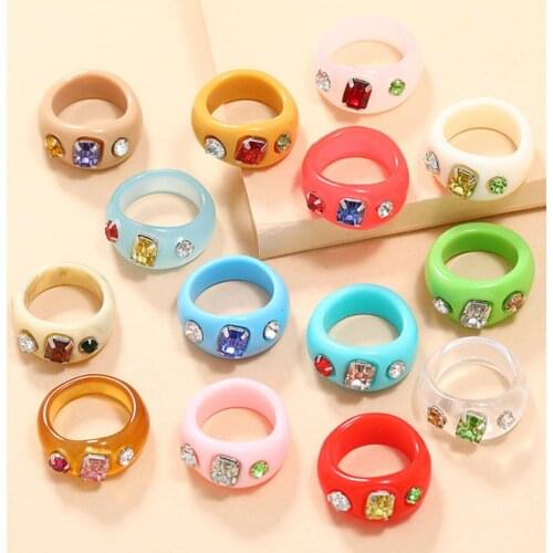 10Pcs Trendy Korean style Vintage punk design colorful resin rhinestone beads paving rings jewelry unisex