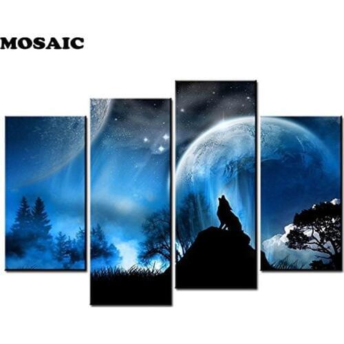 4pcs Black Wolf Moon Wall Painting Full Square round drill 3d Picture of Rhinestones Diamond Embroidery home decor gift