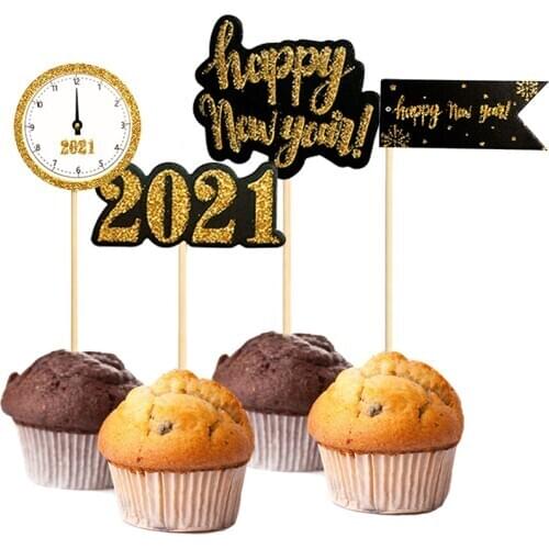 4Pcs/Bag 2021 New Year Black Gold Cupcake Topper New Years Eve Celebration Party Cake Decoration Happy New Year Count Down Flag