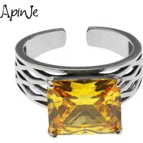 Apinje 925 Sterling Silver Open Ring for Men Yellow Zircon Ring Punk Stone Ring Women Jewelry
