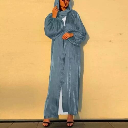 Eid Djellaba Abaya Dubai Shiny Soft Puff Sleeves Muslim Dress Satin Abaya Dubai Turkey Muslim Dress Islam Abayas With Belt