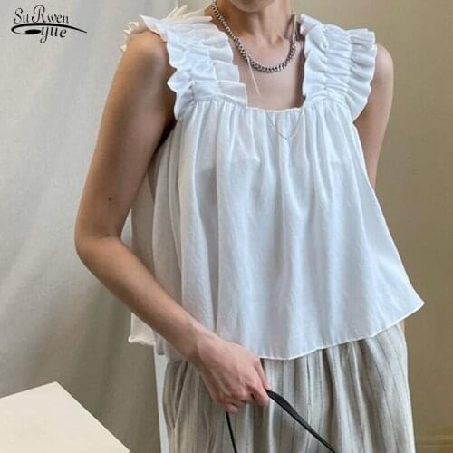 French Retro Women Blouses Strap Summer Pleated Loose Backless Women Tops Korean Casual Harness Ruffle Tank Tops Female 15179