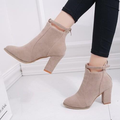 Womens Boots Shoes Size 41 42 Woman High Heels Fashion Round Toe Suede Ankle Boots for Ladies High Heel Black Botines Elegantes