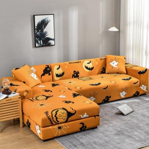 Cartoon Halloween Stretch Sofa Cover Elastic Pumpkin Print L-Shape Universal Slipcovers Spandex Sectional Sofa Case