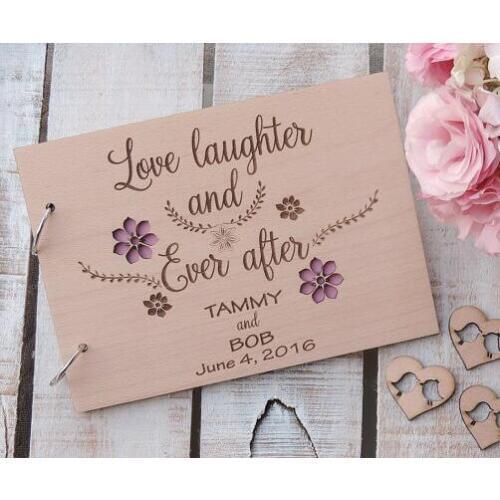 Personalized Love Laughter and Ever After wedding guest album engraved Wooden guestbooks Reception journals party favors