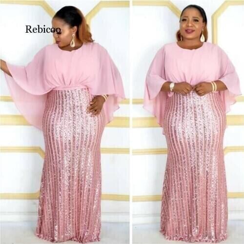 Elastic Sequins Africa Clothing African Dresses For Women Sexy Bat Sleeve Robe Party Evening Long Maxi Dress African Clothes