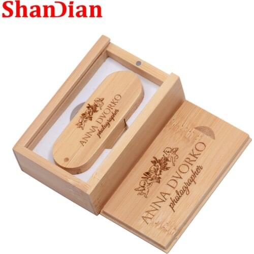 SHANDIAN Free LOGO Wooden USB 2.0 Flash Drive 4GB 8GB 16GB 32GB 64GB 128GB Pen Drives Wedding Photography Gifts Box Memory Stick