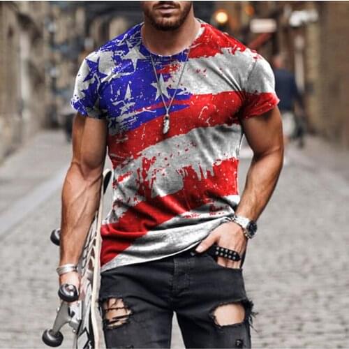Summer New T Shirts Men Oversized Vintage Loose Clothes Short Sleeve Fashion Flag Printed O Collared Tshirts Camiseta Mujer
