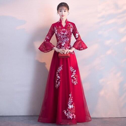 Chinese Style Burgundy Lace Floral Embroidery Evening Gown Temperament A-Line Long Tulle Formal Dress Vestidos