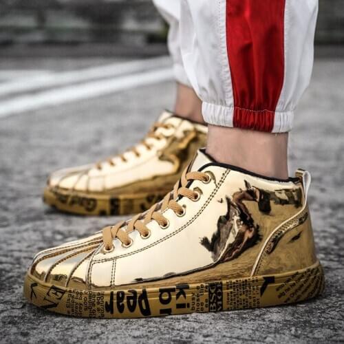 Fashion Graffiti Gold Shiny Casual Shoes Men Couple High-top Hip-hop Shoes Sneakers Male Classic Shell Toe Sequin Flat Shoe