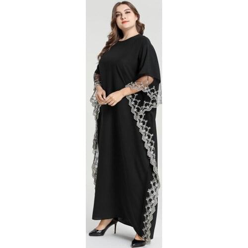 Muslim Dress Large Size Black Gold Lace Bat Sleeve Long Sleeve Muslim Arab Muslim Fashion Abaya Dubai Abaya Turkey Long Dresses