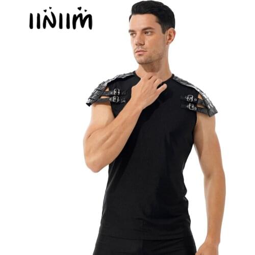 Mens Gothic Punk Patent Leather Shoulder Armour T-shirt Round Neck Tops Short Sleeve Tops Tees for Halloween Rock Concert
