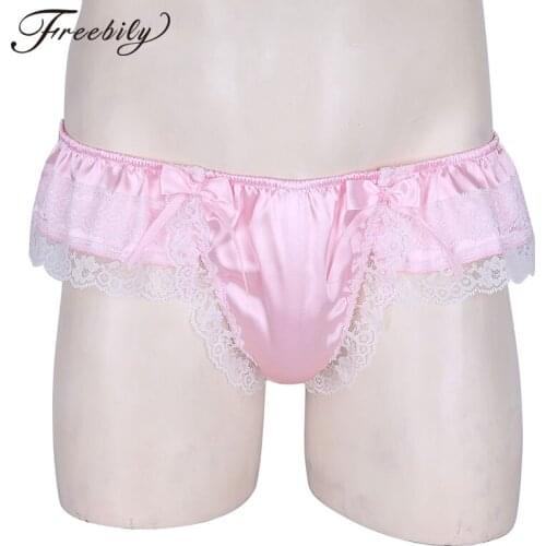 Mens Gay Sexy Sissy Thong Shiny Soft Satin Lingerie Double Layers Floral Lace Back with Big Bowknot Low Rise Bikini Underwear