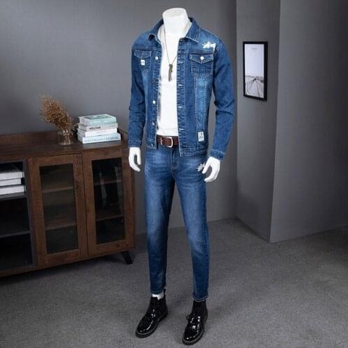 Cowboy Two Piece Sets Men Slim Fit Denim Jacket Jeans Cargo Matching Set Casual Streetwear Man Spring Autumn Embroidery Outfits