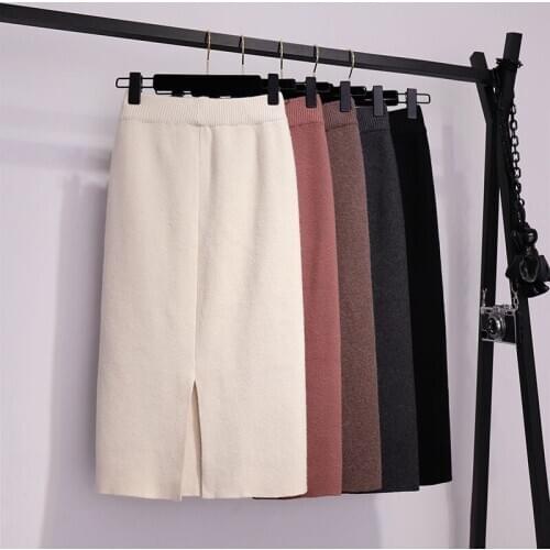 Women New 2021 Autumn Winter Fashion Knit Skirts Female High Waist Split Pencil Skirt Ladies Thick Warm Slim Skirt Faldas A272