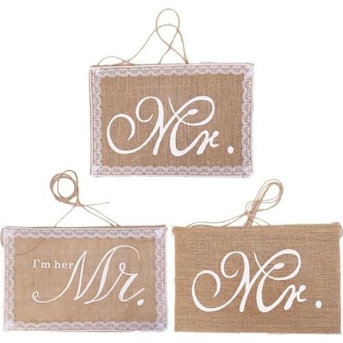 New European Style Lace Edging Linen Chair Back Flag Printed in English Mr.&Mrs. For Wedding Dress Bridegroom And Bride Decorate