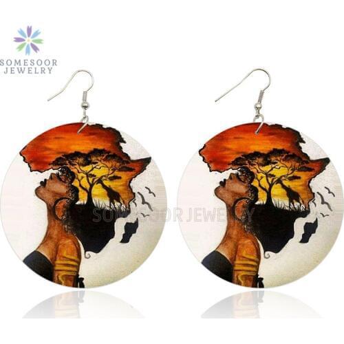 SOMESOOR African Map Headwrap Woman Wooden Drop Earrings Afrocentric Ethnic Tribal Eco Animal Wood Pendant Dangle For Women Gift
