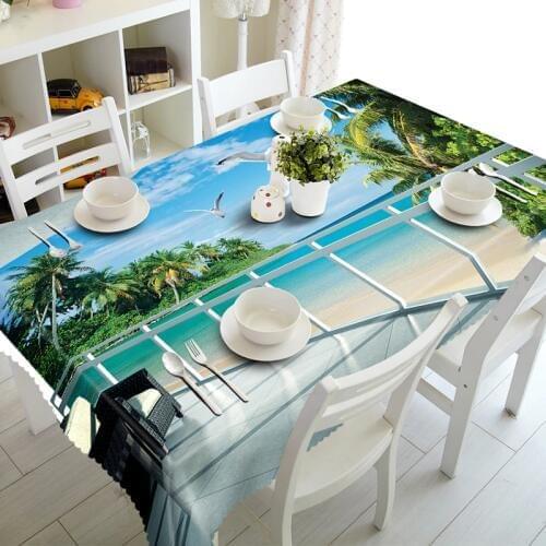 Senisaihon 3D Tablecloth Beachfront Beach Landscape Pattern Polyester Dustproof Rectangle Table cloth Christmas New Year Gift