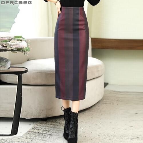 Elegant High Waist Long Pencil Skirt Women Winter Woolen Velvet Saias Female Vintage Striped Faldas Bodycon Split Wrap Skirts