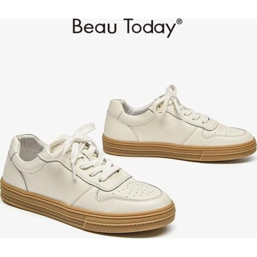 Women White Sneakers Genuine Synthetic Leather Casual Shoes Lace Up Round Toe Ladies Low Heel Flats Handmade BeauToday 29093