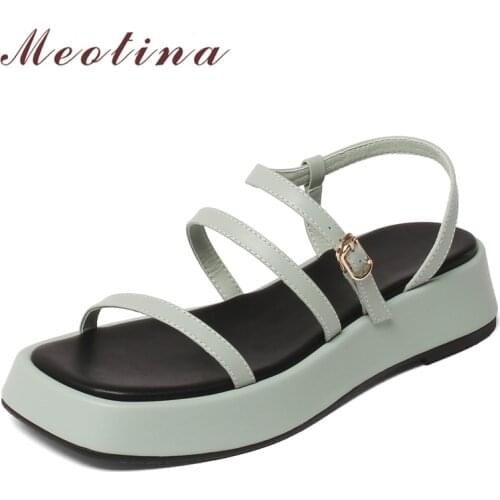 Meotina Women Shoes Genuine Leather Sandals Narrow Band Flat Sandals Square Toe Cow Leather Ladies Footwear Summer Green 2021