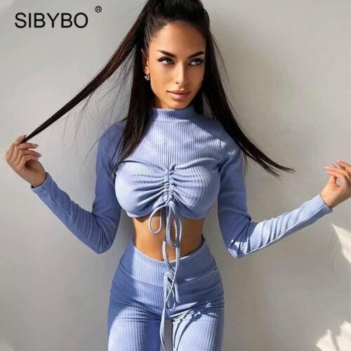 Sibybo Knitted Long Sleeve Cropped Hoodie+Pants Set Women Autumn Lace Up Casual Outfits Femme 2 Piece Fitness Tracksuit Set