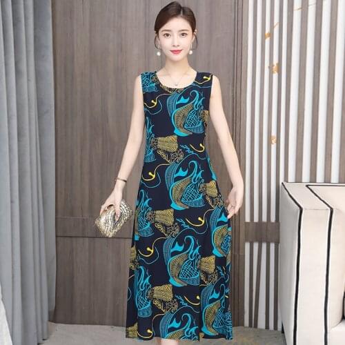 Women Elegant Comfortable Print Dress Plus Size Ladies Sleeveless Round Neck Summer Dress Female Vestidos Brand Women Clothing