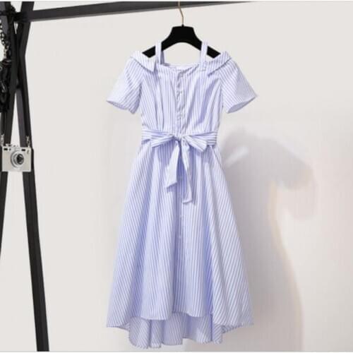 Casual Striped Shirt dress summer women A-Line with belt short office work dress knee length elegant party beach dress