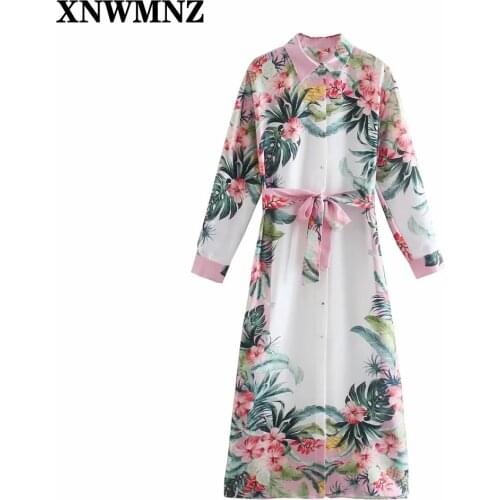 XNWMNZ 2021 Women Dress Fashion Print With Belt Shirt Midi Dress Woman Elegant Robe Long Sleeve Button Casual Summer Dresses
