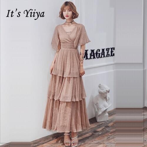 Its Yiiya Prom Dress Elegant Tiered Plus Size Vestidos De Gala LF221 Sequined Ankle Length V-neck Backless Prom Dresses 2020