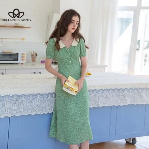 Bella Summer Vintage Sweet Floral Dress 2021 new Casual Chic V-Neck Elegant Midi Dress Short Sleeve Slim Korean Party Boho Dress