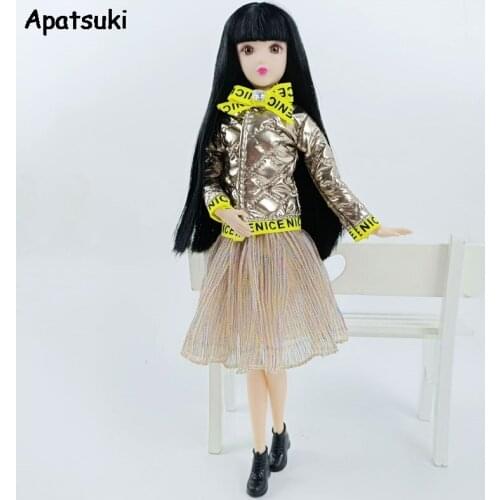 Golden Parka Winter Coat & Pleat Skirt Fashion Doll Clothes Set For Barbie Doll Outfits 1/6 Dolls Accessories Kids Toy