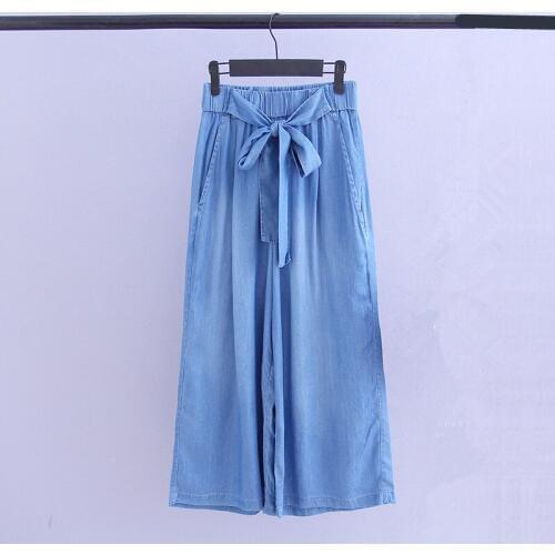 2020 High Waist Belted Denim Wide Leg Pants Fashion Casual Women Trousers Solid Elegant Pockets Ankle-Length Pants Plus Size 7XL