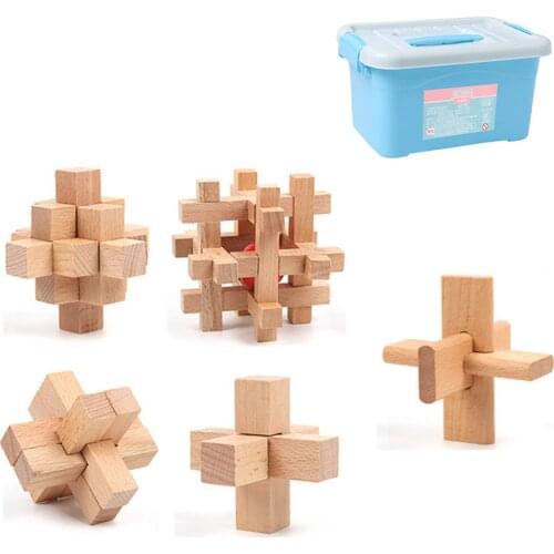 5Pcs/set Kongming Luban Lock Wooden Brain Teasers Learning Puzzle Educational Toy with Storage Box for Kids and Adults