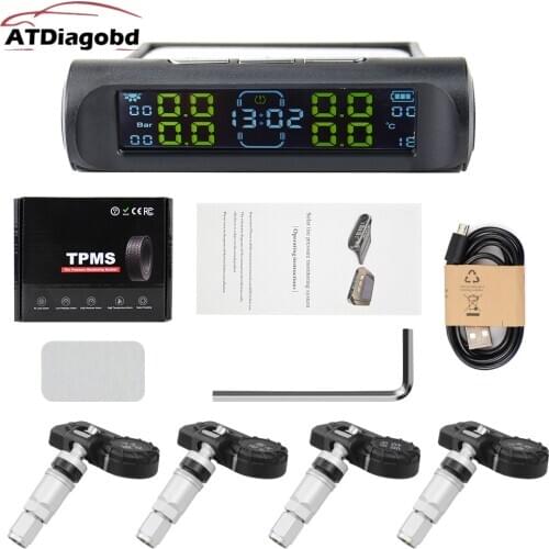 Car TPMS Solar Charging Tire Pressure Monitoring System Waterproof LCD Display Monitor Type Pressure Sensors TMPS Sensor Clock