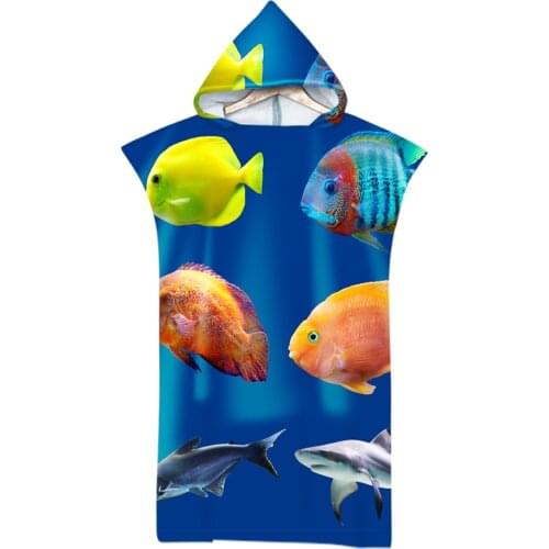 Printed 3D Fish Microfiber Fabric Adult Bath Towels Beach Towel Changing Bathrobe Cloaks Hooded Swimming Gym Fitness Towels