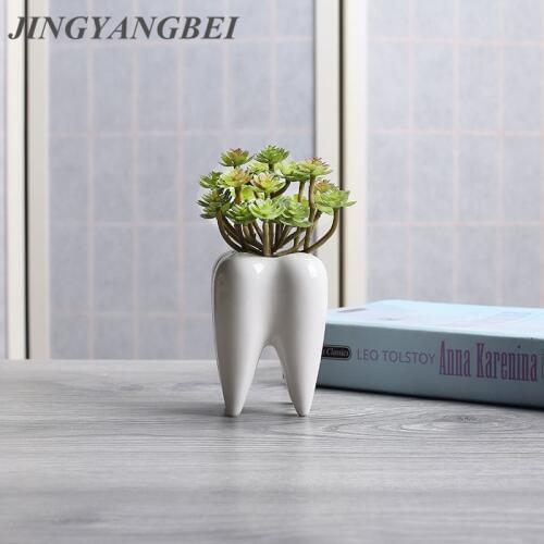 Tooth Shape White Ceramic Flower Pot Modern Design Planter Teeth Model Mini Desktop Pot Creative Gift