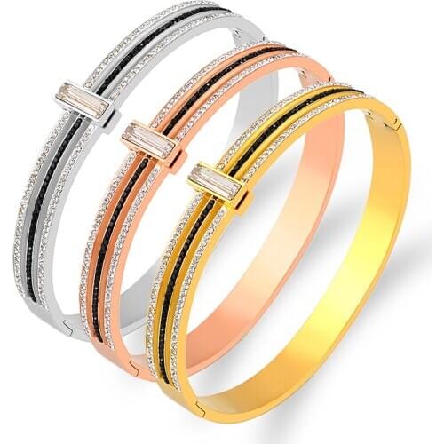 Black White Rhinestone Bracelets & Bangles Stainless Steel Jewelry Charms with Stones Gold Bangles for Women Wedding Party Gift