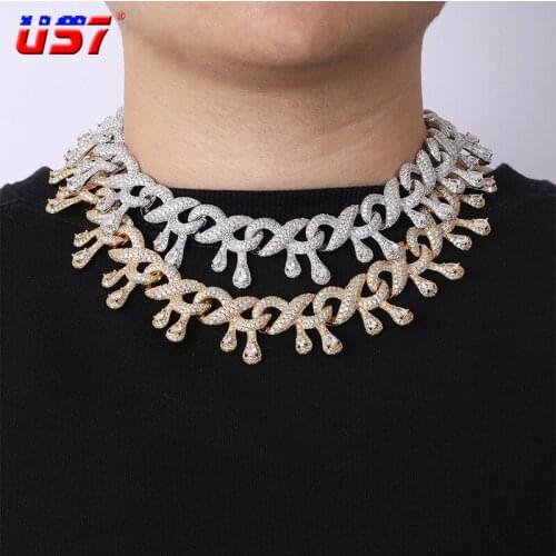 US7 15MM Cuban Link Necklace Drop-shaped Zircon Inlay Gold Silver Color Copper Material Necklace For Men&Women Hip Hop Jewelry
