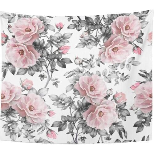 Pink Flowers and Leaves on Watercolor Floral Pattern Rose Tapestry Home Decor Wall Hanging for Living Room Bedroom Dorm 50x60 in